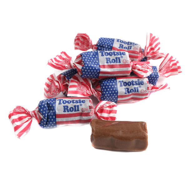 70 individually wrapped Flag Tootsie Roll Midgees, red, white, blue USA flag design, chewy chocolate candy.