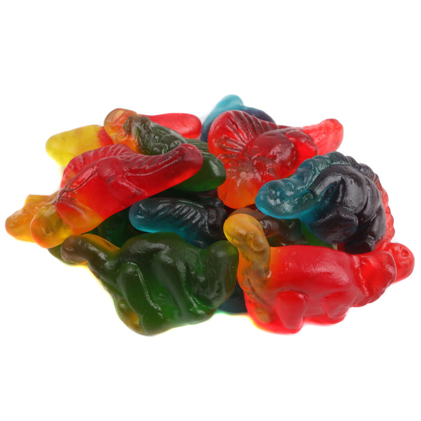 Colorful Gummy Dinosaurs candy, red, green, yellow dino shapes, 70 chewy pieces per pound.