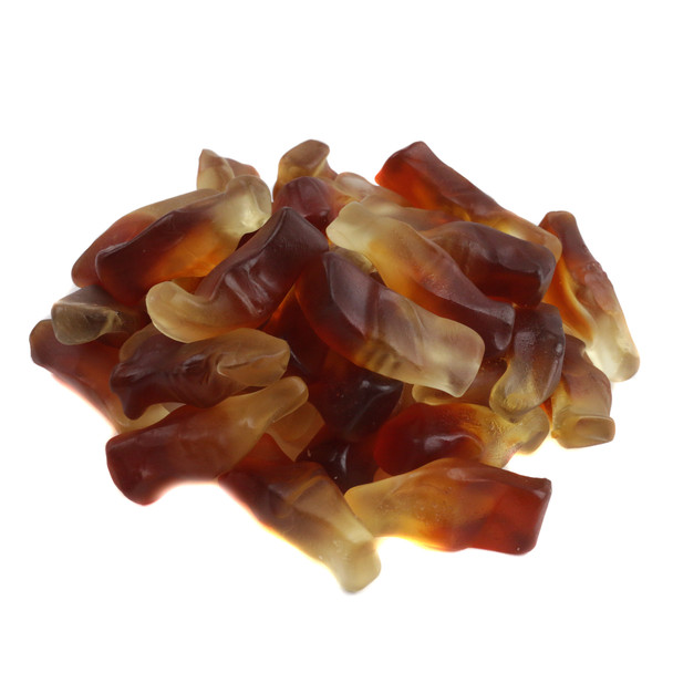 Soft, unwrapped, bottle-shaped Gummy Cola Bottles, classic brown and white cola candy. Approximately 140 pieces per pound.