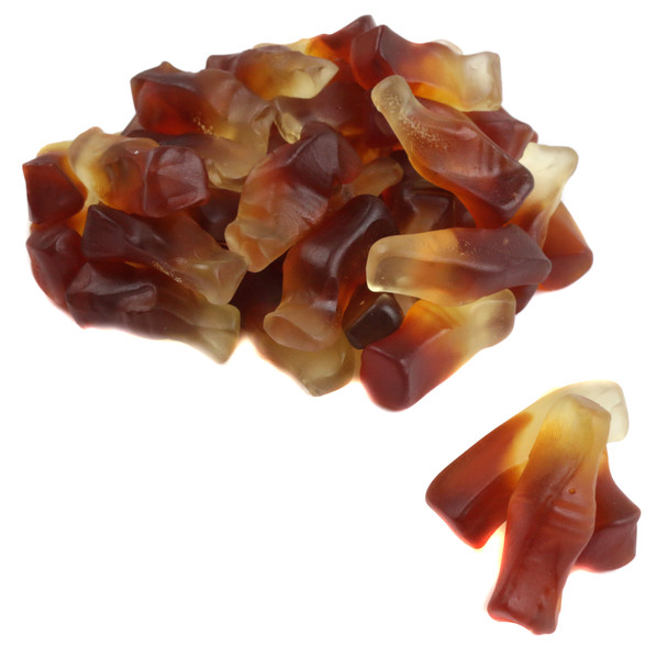 Brown, cola-flavored Kervan Gummy Cola Bottles, shaped like soda pop bottles, approx 140 unwrapped per pound.