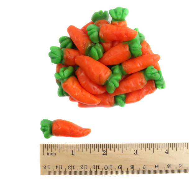Bright orange, 1.5-inch gummy carrots, approximately 60 per lb, perfect for Easter candy dishes.