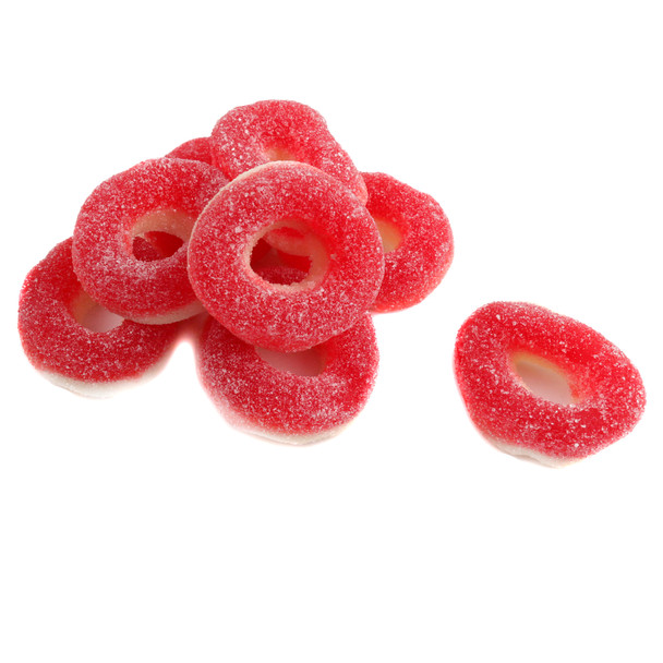 Bright red and white Cherry Gummy Rings, approx. 55 pieces per 1 lb bag, sweet cherry flavor candy.