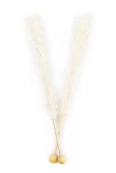 12 individually wrapped white rock candy sticks, 6 inches long, wedding candy.