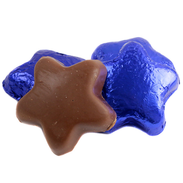 Madelaine blue foil wrapped milk chocolate stars, approx 1.5 inches each, 45 per pound, perfect for parties, baby showers.