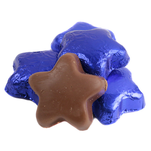 Bright blue foil wrapped Madelaine milk chocolate stars, 1.5 inches, approx 45 per pound, for parties, baby showers.
