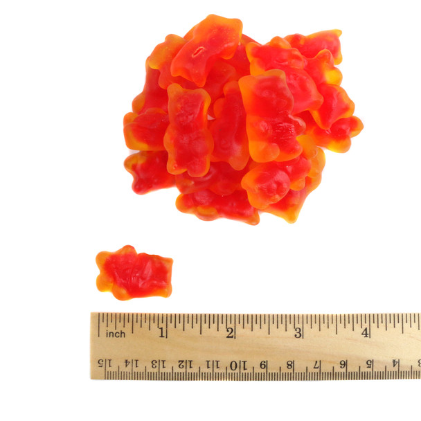 Orange lemon jelly filled gummy bears, chewy sweet candy, approximately 130 pieces per pound.