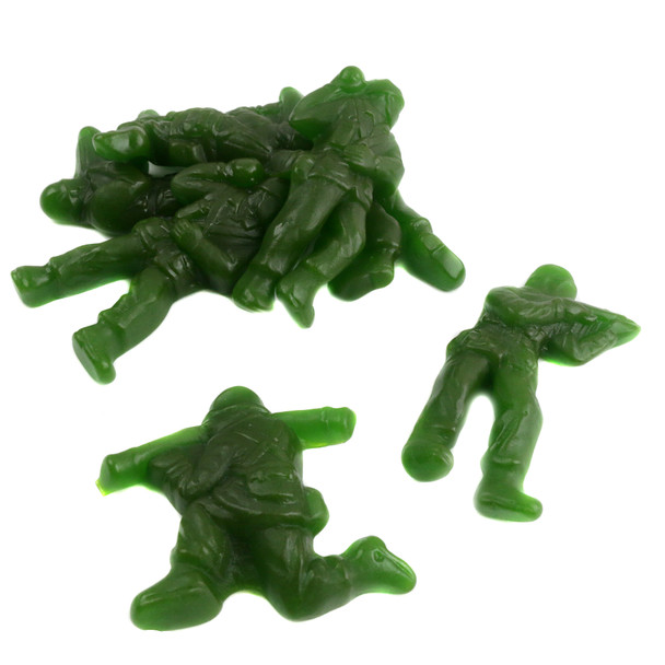 Green apple Gummy Army Soldiers, approximately 50 per pound, shaped like soldiers with weapons, perfect for 4th of July.