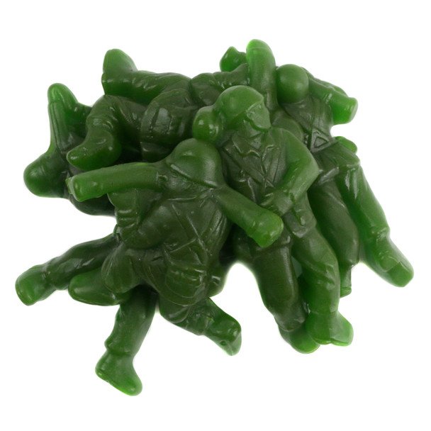 Green apple gummy army soldiers, shaped like soldiers with weapons, approx 50 per pound, USA made patriotic candy.