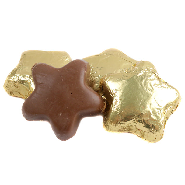 Madelaine milk chocolate stars, bright gold foil wrapped, approximately 45 per pound.