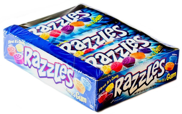 Razzles Original candy and gum. Assorted purple, orange, red, yellow, blue packs. Bulk 12 boxes, 24 count.