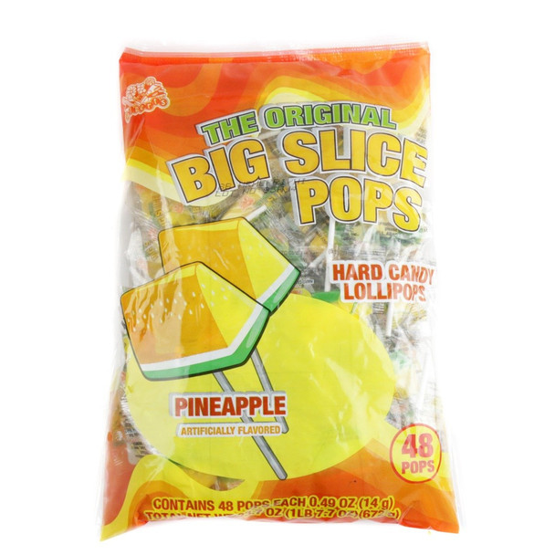Fruity yellow triangle pineapple Big Slice Pops lollipops, 48 individually wrapped hard candies per bag, 16 bags.