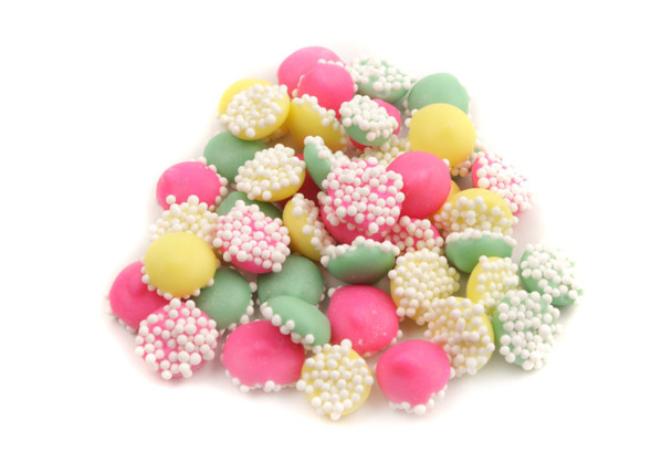 Pastel-colored mini peppermint meltaways, adorned with colorful nonpareils, in a 10lb box, over 6000 pieces.