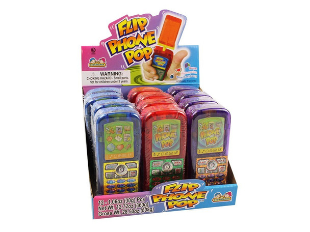 Candy Flip Phone, 12 count. Retro pretend cell phone with grape, watermelon, blue raspberry lollipops.