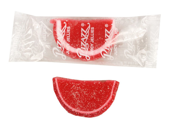 20lb bulk raspberry jelly fruit slices candy, sugar-drenched, individually clear wrapped, approx 32 per pound.