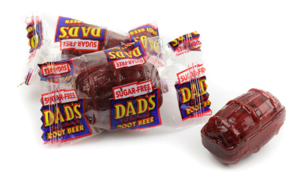 10lb box, approx. 600 brown barrel-shaped Dad's Root Beer sugar-free hard candies, 1-inch pieces.