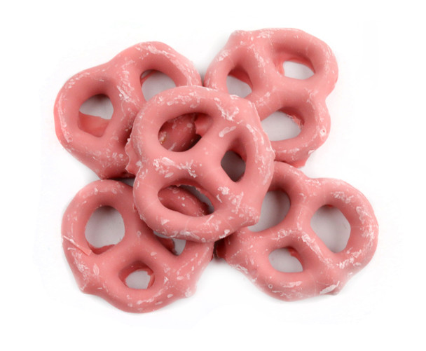 Cherry Yogurt Pretzels, 15lb box. Red cherry yogurt coated mini salted pretzels, approx 90 per pound.