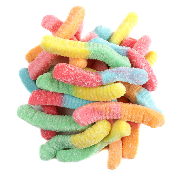 Mini sour gummy worms, bright neon colors including blue, yellow, orange, red, green. Dusted sour coating. Bulk 4/4.5lb case.