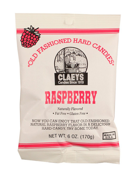 Claeys Hard Candy Drops Raspberry, 24 packs, 6oz. Reddish individual hard candies, approximately 42 pieces per bag.