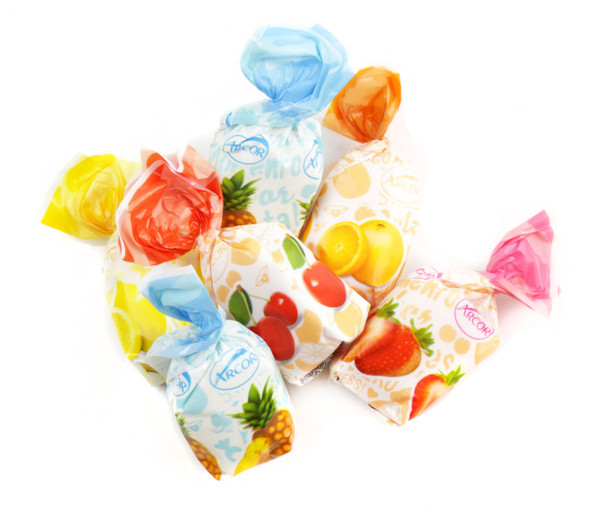 Assorted Fruit Filled Bon Bons, individually wrapped. Red, yellow, green, orange apple, pineapple, cherry flavors. 6 bags, 36 lbs.
