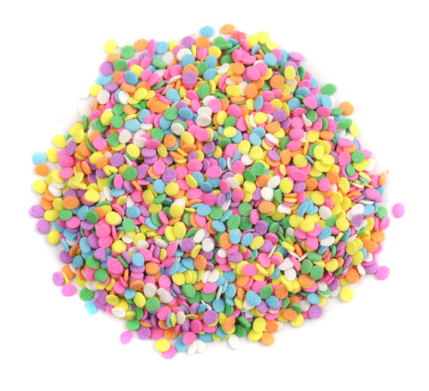 Assorted pastel sequin shaped sprinkles, 5lb box, ideal for springtime baking.