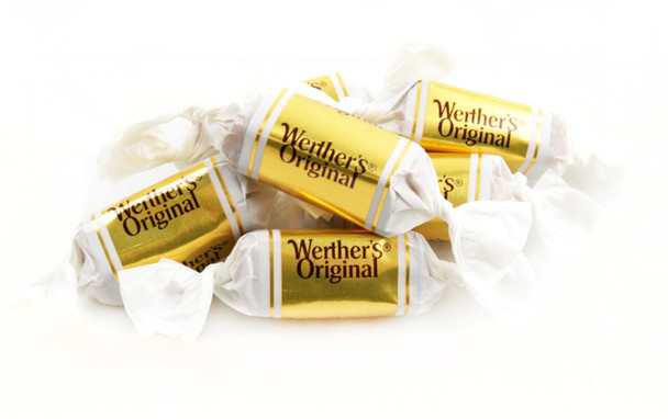 Werther's Original Chewy Caramel candy, golden brown individual pieces, twelve 5oz bags, rich butter and cream.
