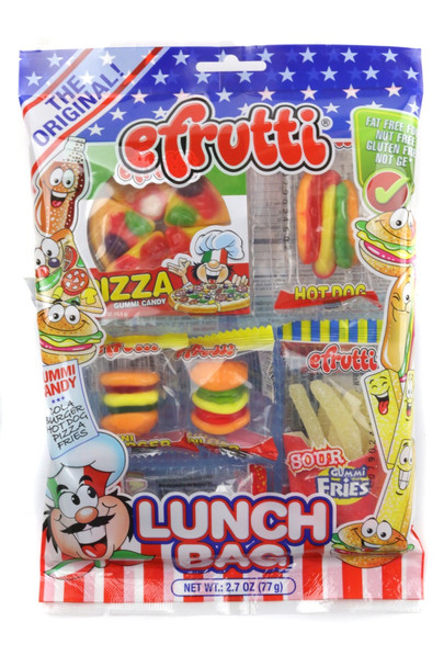 Assorted Gummy Lunch Bag 12-pack, colorful candy burgers, hot dogs, fries, pizza, cola bottles.