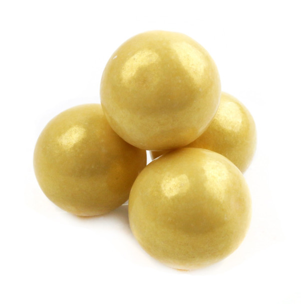 1-inch Pearl Gold Gumballs, 2lb bulk bag. Round, bright, shimmery gold candy coating for casino or pirate events.
