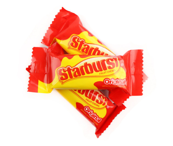 Starburst Fun Size Fruit Chews, 25 LB case. Red, orange, yellow individually wrapped chewy candy packs.