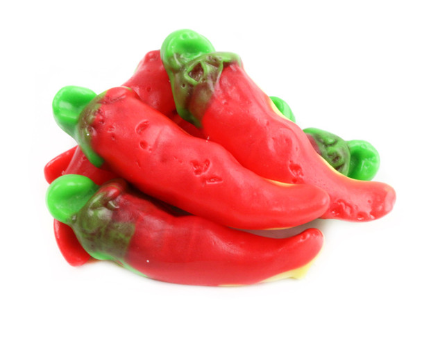 2.2 LB bag of red cherry flavored gummy chili peppers, sweet and spicy bulk candy.