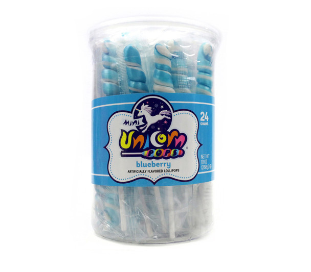 Light blue mini unicorn lollipops, blueberry flavored. Individually wrapped, 24 pieces per pack, 6 count.