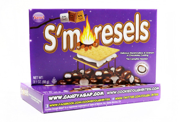Smore Cookie Dough Bites, 12 movie theater packs, 60 bites each. Bitesize marshmallow, graham, chocolatey coating.