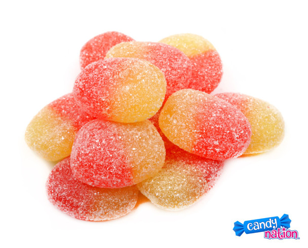 22LB bulk case of sweet gummy peaches, vibrant orange, yellow, and pink, sparkling sugar crystals.