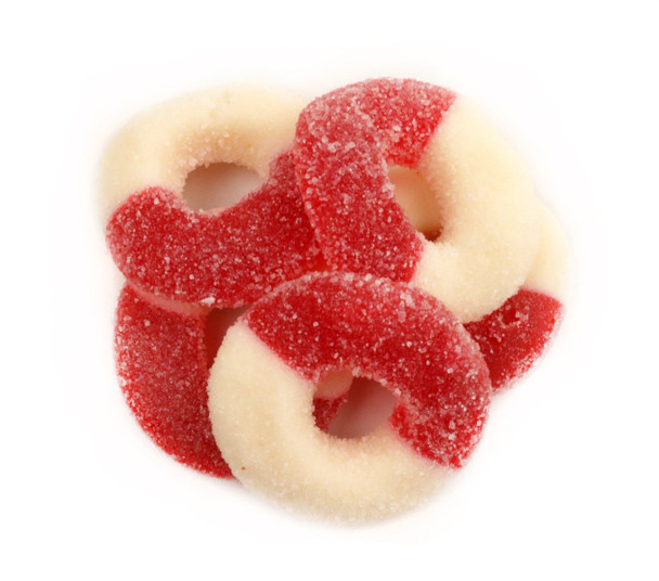 Vibrant red and white cherry gummy rings, 5lb bulk bag, sweet chewy, sugar-dusted, gluten-free candy.