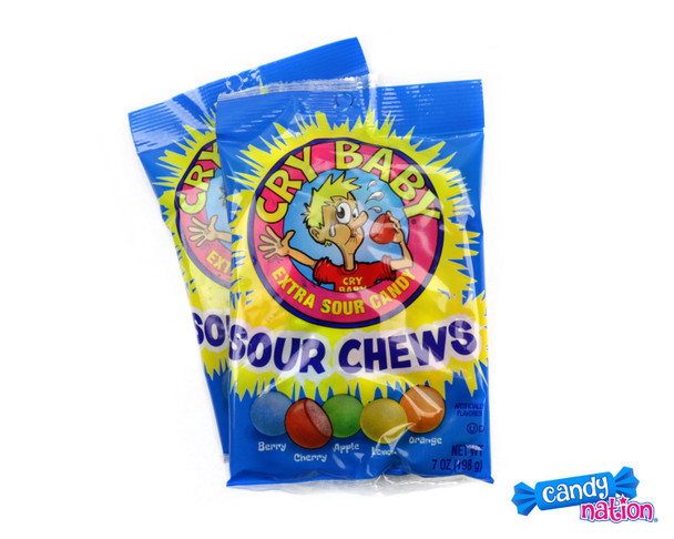 Cry Baby Sour Chews, 8x 7oz packs. Rainbow of intensely flavored, sour, chewy Berry, Cherry, Apple, Lemon, Orange candy.