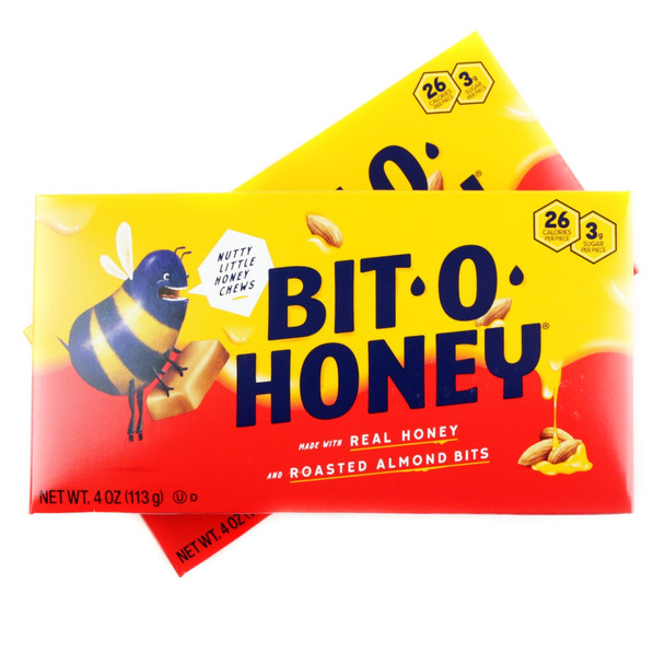 Bit-O-Honey 12-pack of 4oz theater boxes, chewy honey taffy with roasted almonds, old-fashioned yellow packaging.
