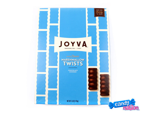 Joyva classic dark chocolate covered fluffy white vanilla marshmallow twists, 5LB box, 6 count.
