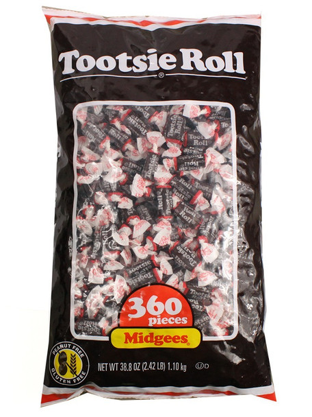 Chocolate Midgees Tootsie Rolls, 12 bags, 360 individually wrapped chewy bite-size pieces per bag.