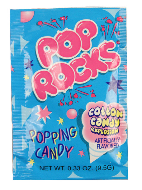 Vibrant blue Pop Rocks Cotton Candy, 24 count .33oz packs, nostalgic popping candy.