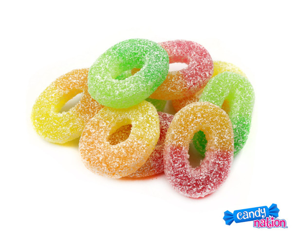 8 count 2.2LB Apple Trio Gummy Rings, colorful sweet & sour sugar-coated rings with green, yellow, red apple flavors.