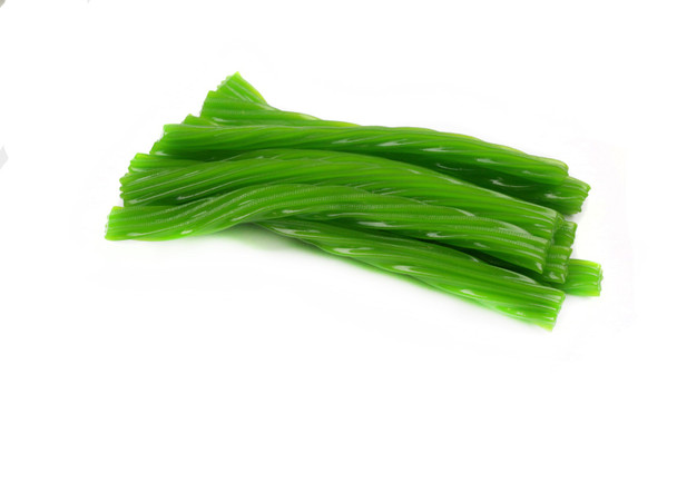 Vibrant green, jumbo Green Apple Licorice Twists, 8oz/12 Pack. Juicy, tangy candy. Bulk 40 twists per pound.