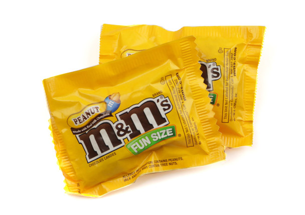 M&M's Peanut Fun Size bulk candy, 23lb. Bright multi-colored chocolate shells, real peanuts, milk chocolate.