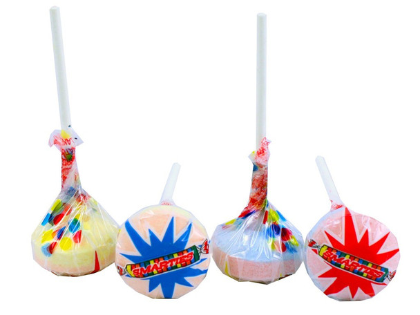Smarties Lollipops, 35lb bulk, individually wrapped. Many pastel-colored two-tone fruity lollipops.