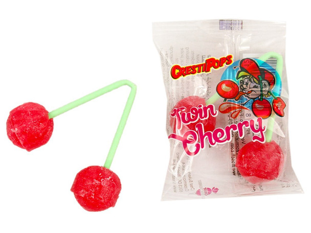 48 red twin cherry lollipops per tub, 6 tubs, two connected lollipops, bulk candy.