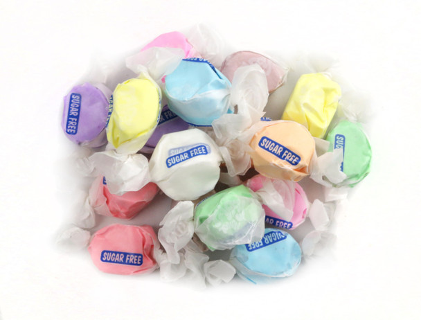 20lb case of colorful, bite-sized sugar-free assorted salt water taffy. Bulk chocolate, blue, red, yellow, green, black, white pieces.