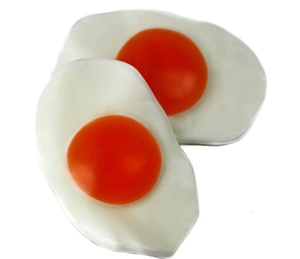 Giant gummy fried eggs, bulk 4.4lb bag. Approximately 154 yellow and white candy eggs.
