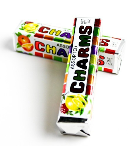 Charms Squares Candy, 12 packs. Individually wrapped square candies, mixed red, orange, yellow, green, purple fruit flavors.