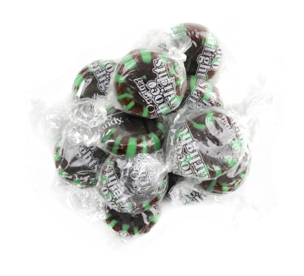 Brown & green striped Chocolate Mint Starlight hard candies, individually wrapped, 5lb bags, 5 count.