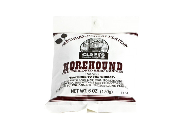 Claey's Horehound hard candy drops, 24x 6oz bags. Dark brown, old fashioned, approx. 42 pieces per bag.