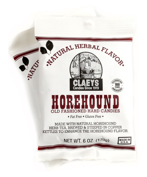 Claey's Horehound Hard Candy Drops, 24x 6oz bags. Dark brown, old-fashioned candies, approx 42 pieces.