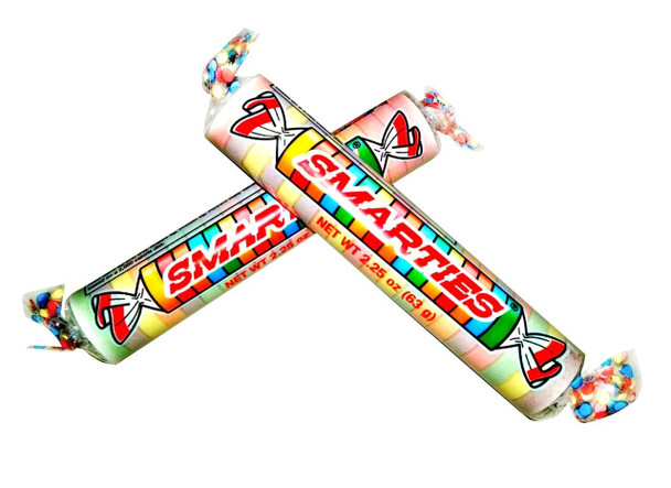 Mega Smarties candy box, 12 packs, 24 large rolls. One inch diameter, classic multi-color pastel discs.